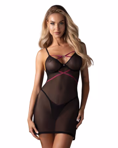 Пеньюар Obsessive Novenes chemise & thong, M/L, обтислий, прозорий, зі стрепами, стрінги в комплекті