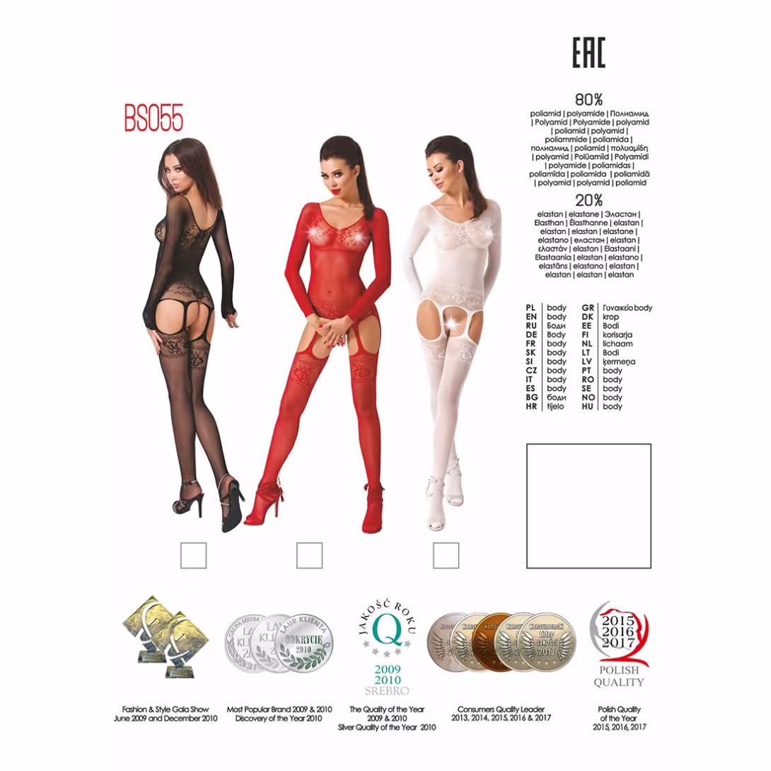 Бодістокінг Passion BS055 white, комбінезон, імітація панчіх і пояса, довгий рукав, закрите плече — фото 5