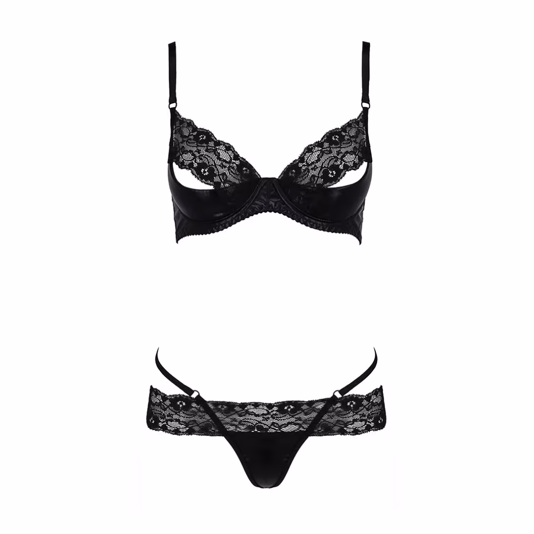 Комплект білизни Passion Exclusive NORTH SET XXL/XXXL, black, ліф і трусики з елементами під латекс — фото 5