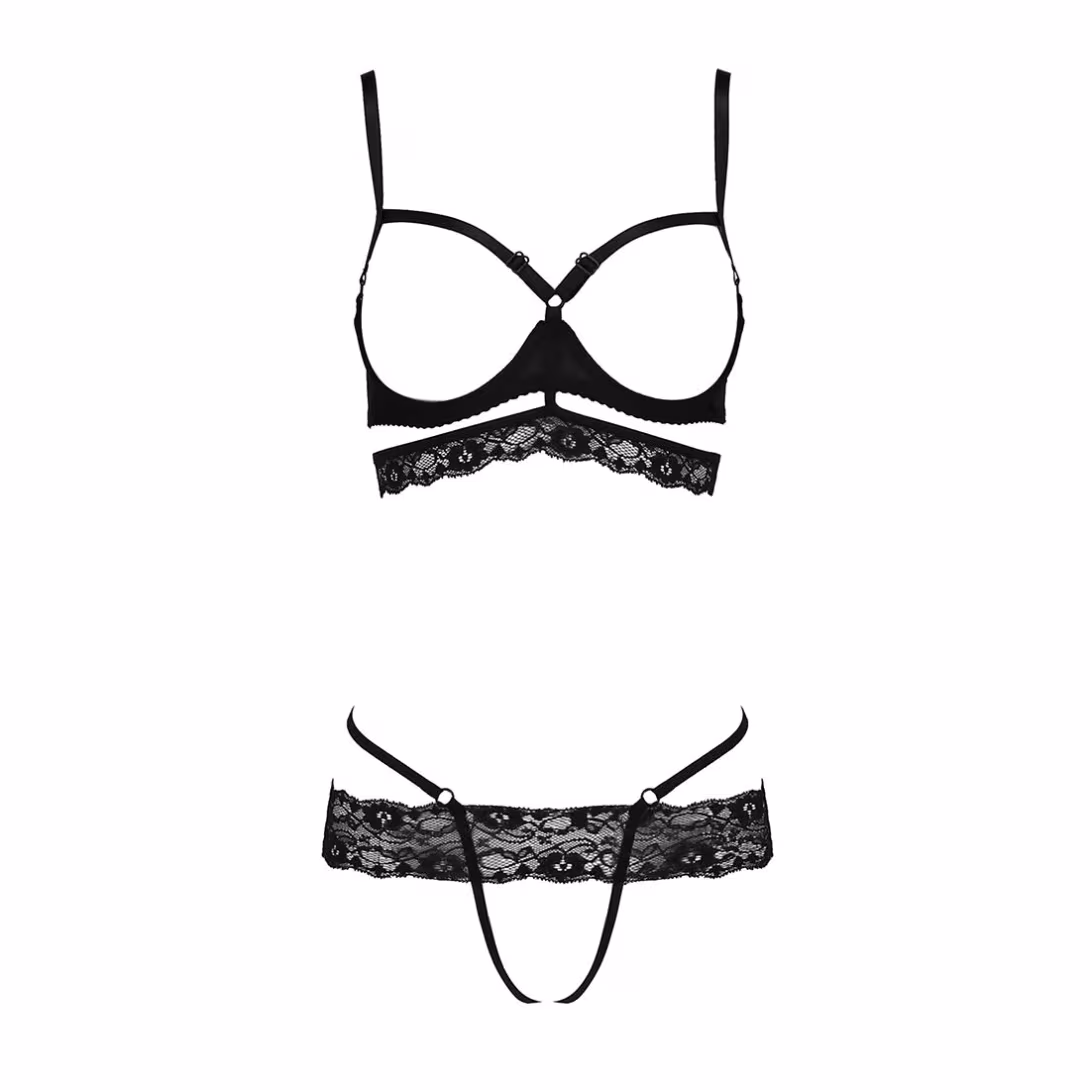 Комплект білизни Passion Exclusive SARIA SET OpenBra XXL/XXXL black, стрепи, відкритий ліф, стрінги — фото 5
