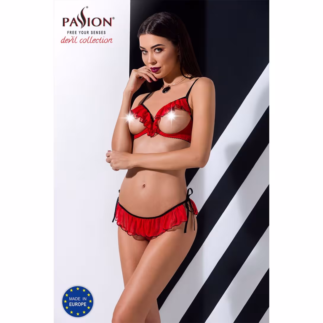 Комплект білизни Passion Exclusive CHERRY SET OpenBra XXL/XXXL red, відкритий ліф, трусики-спідничка — фото 3