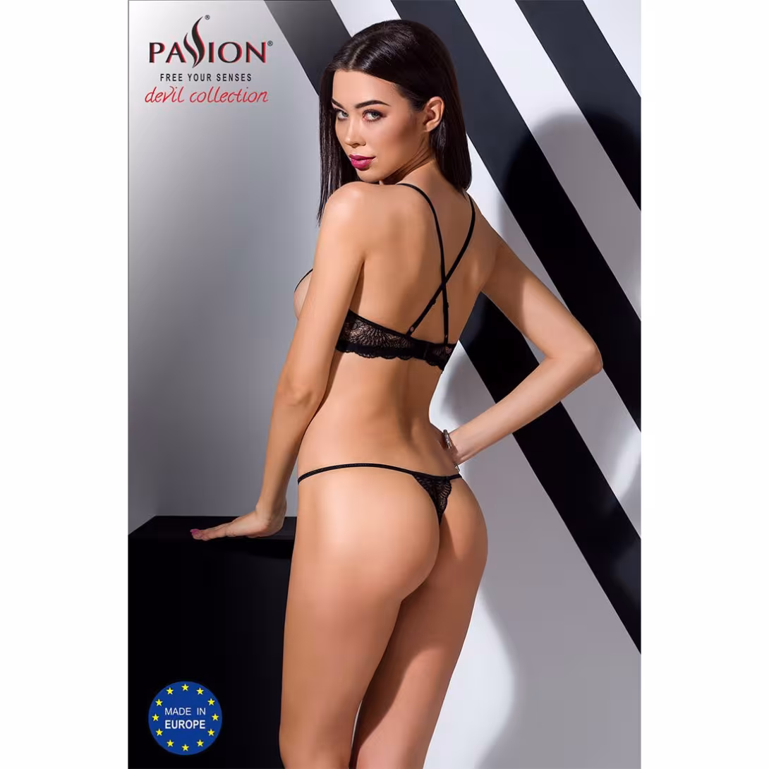 Комплект білизни Passion Exclusive QUENTRIS BIKINI L/XL, black, стрінги і напіввідкритий ліф — фото 4