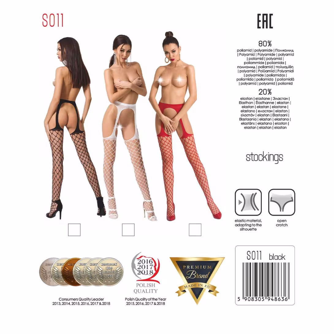 Сітчасті панчохи-стокінги Passion S011 One Size, Red, імітація гартерів, відкритий доступ — фото 5