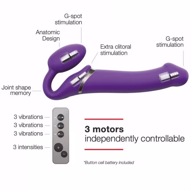 Безремінний страпон з вібрацією Strap-On-Me Vibrating Violet XL, діам. 4,7см, пульт ДК, регульований — фото 3