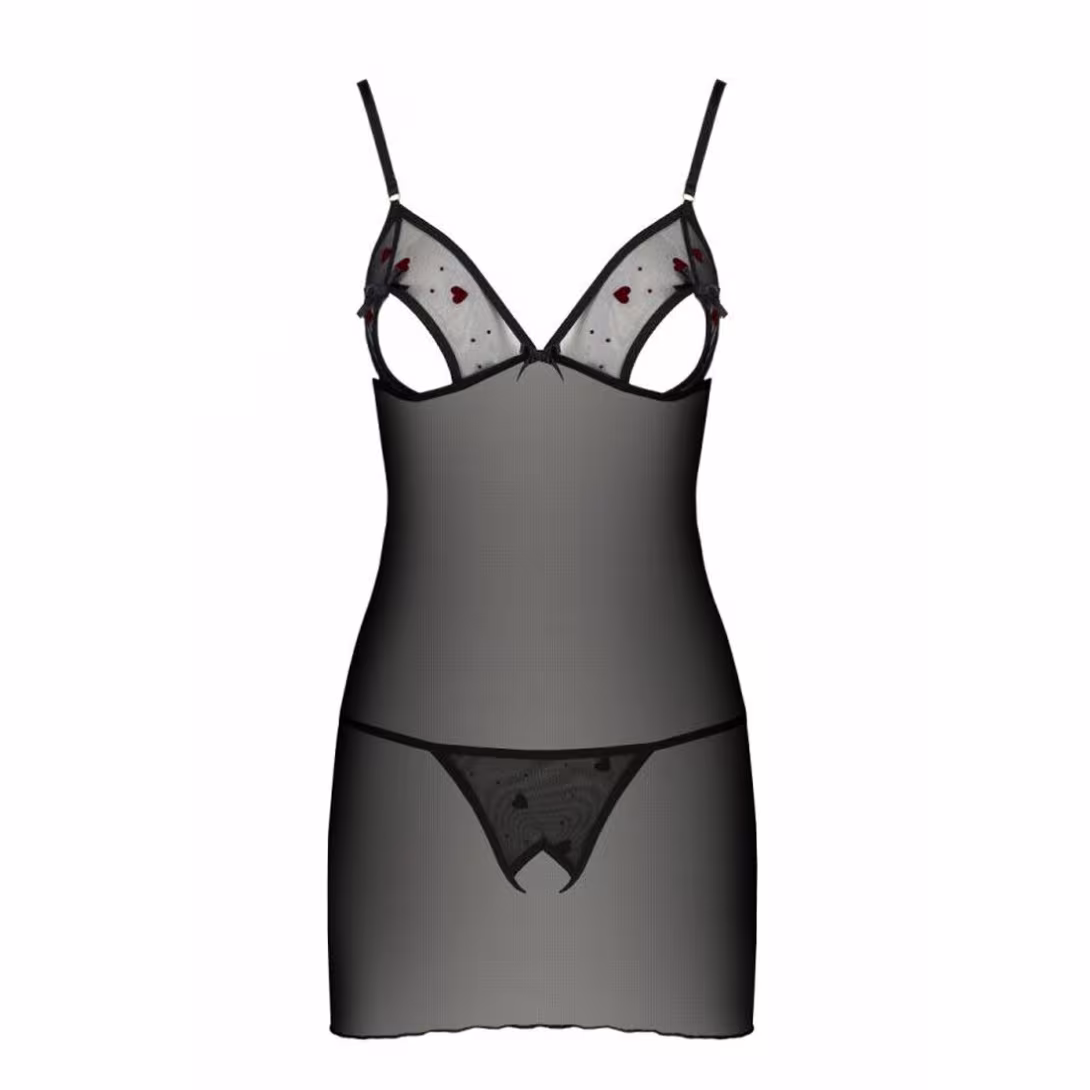 Сорочка з вирізами на грудях, стрінги Passion LOVELIA CHEMISE L/XL, black — фото 5