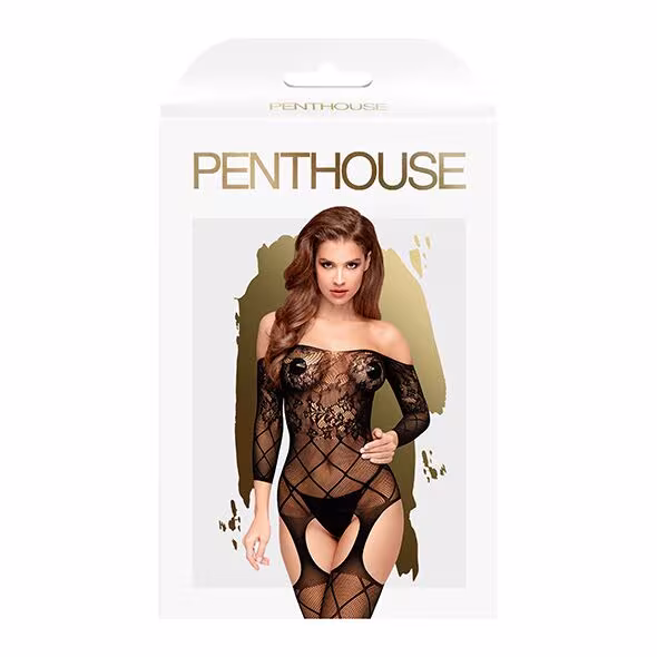 Бодістокінг з відкритими плечима та флористично-геометричним орнаментом Penthouse - Top-Notch Black — фото 3