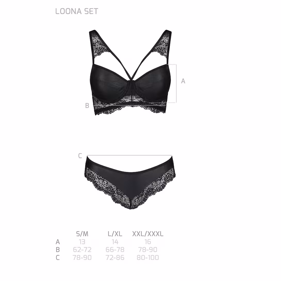 Комплект з еко-шкіри та мережива Passion LOONA SET S/M, black, бра і трусики — фото 7