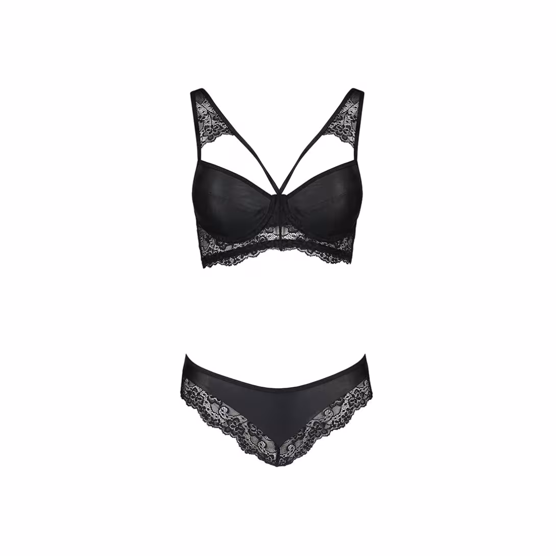 Комплект з еко-шкіри та мережива Passion LOONA SET S/M, black, бра і трусики — фото 5