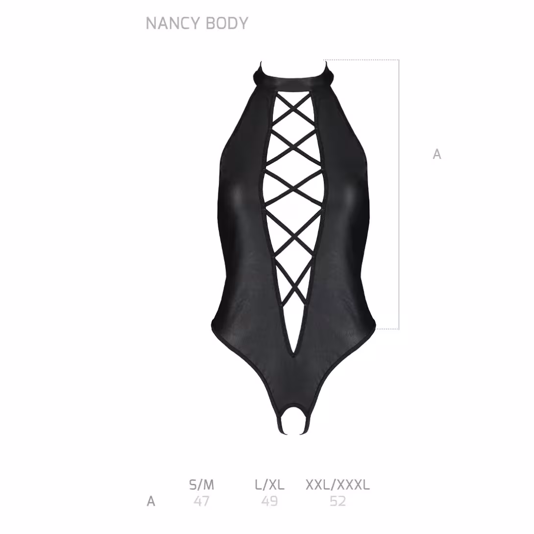 Боді з еко-шкіри з імітацією шнурівки та відкритим доступом Passion NANCY BODY XXL/XXXL, black — фото 5