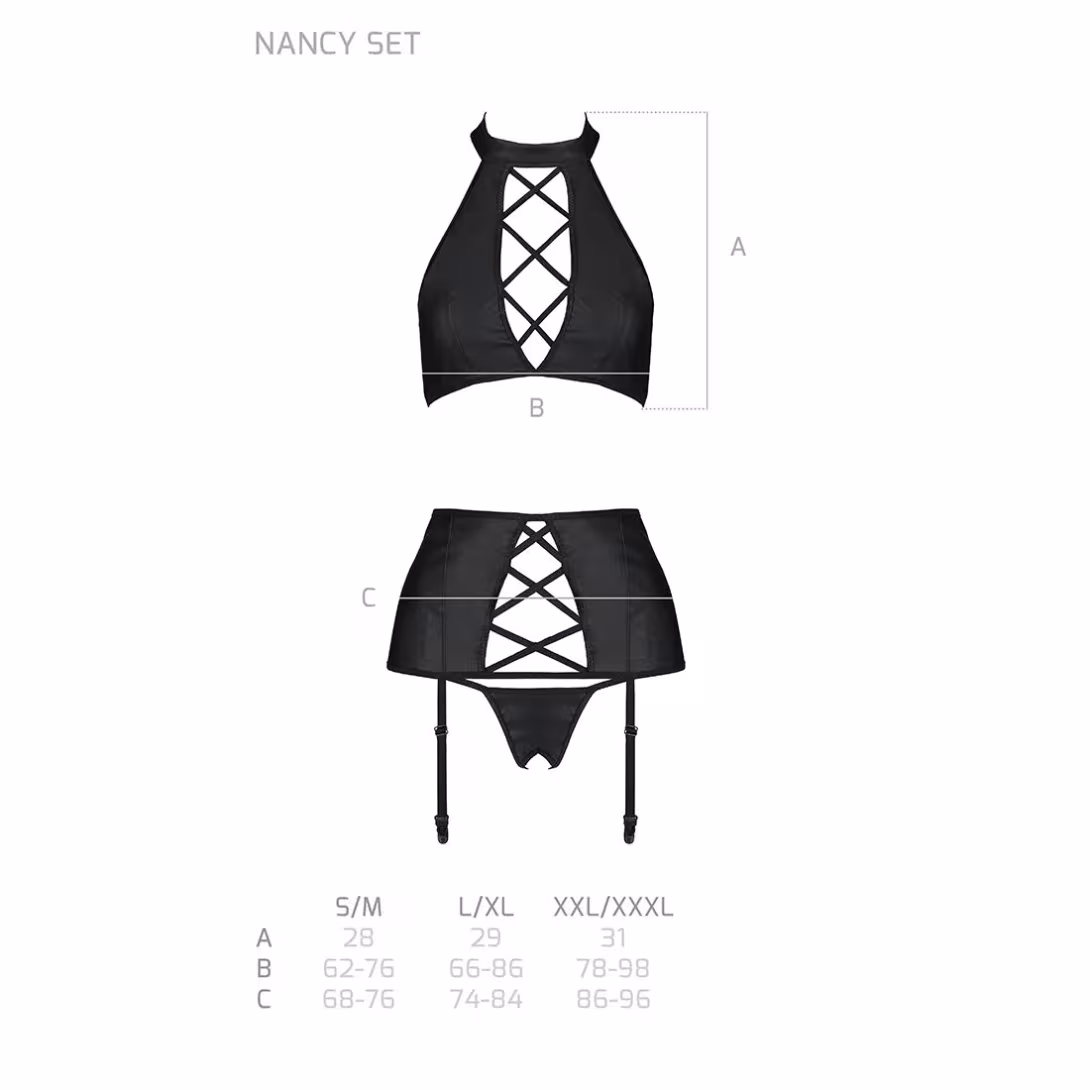 Комплект з еко-шкіри з імітацією шнурівки Passion NANCY SET S/M black топ, трусики, пояс для панчіх — фото 5