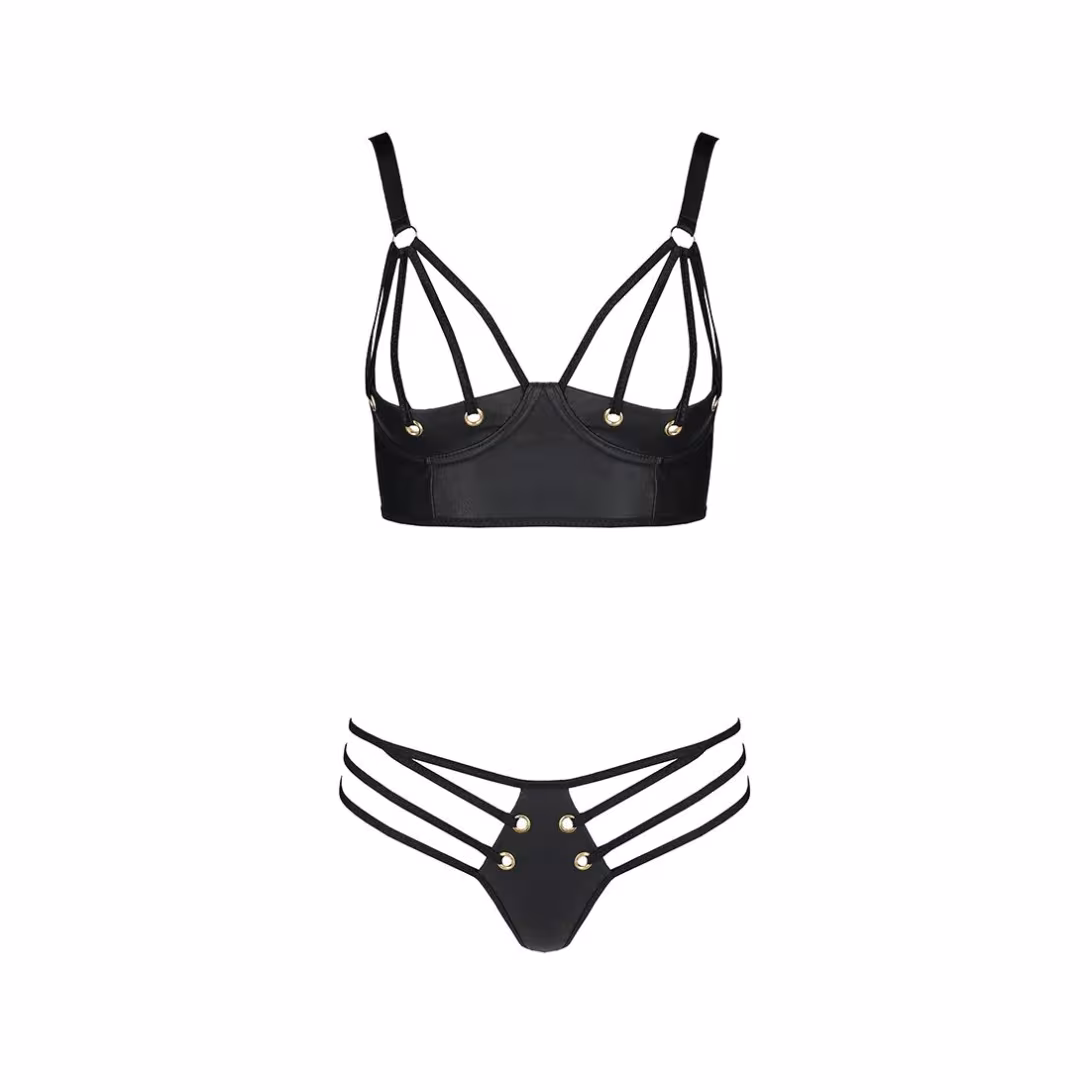 Комплект з екошкіри з люверсами та ремінцями Passion MALWIA BIKINI XXL/XXXL, black, бра та трусики — фото 3