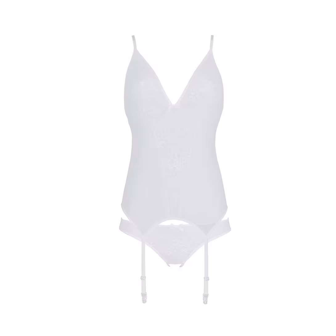 Корсет із пажами, трусики з ажурним декором та відкритим кроком Passion URSULA CORSET L/XL, white — фото 3