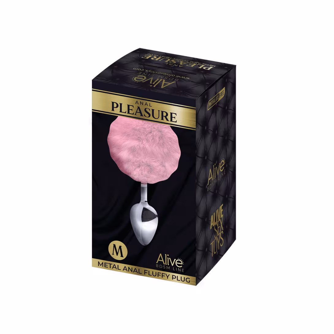Металева анальна пробка Кролячий хвостик Alive Fluffy Plug M Pink, діаметр 3,4 см — фото 2