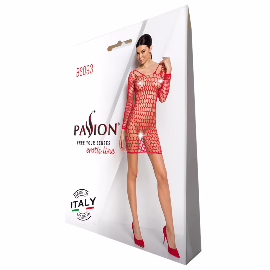 Бодістокінг-сукня з глибоким коміром Passion BS093 red, довгі рукави — фото 4