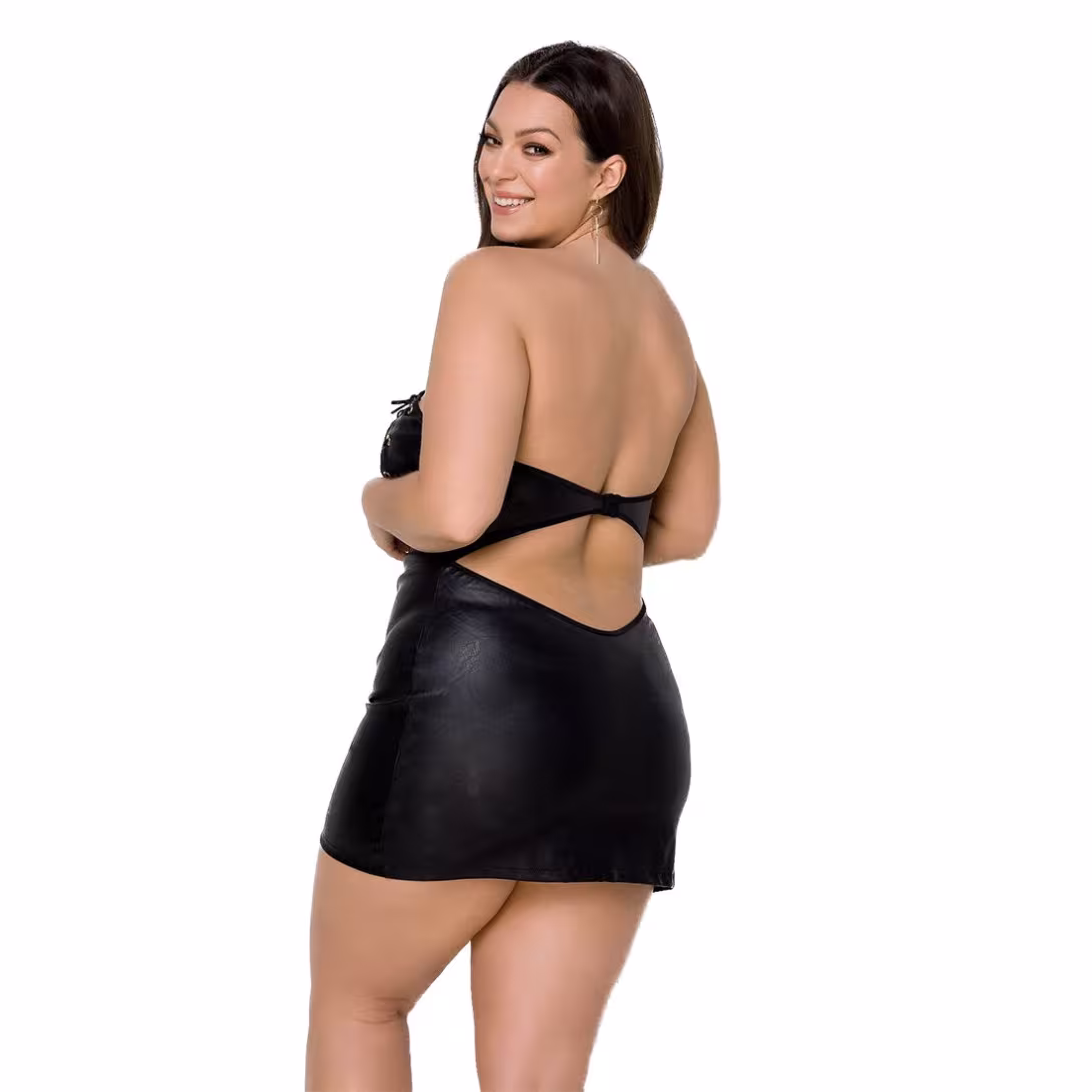 Мінісукня з екошкіри Passion CELINE CHEMISE 4XL/5XL, black, шнурівка, трусики в комплекті — фото 2