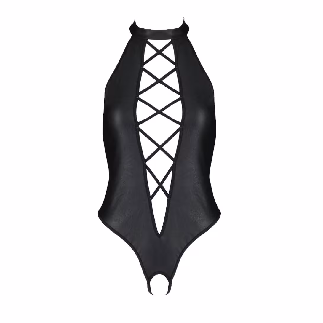 Боді з екошкіри Passion NANCY BODY 4XL/5XL black, з імітацією шнурівки та відкритим доступом — фото 3