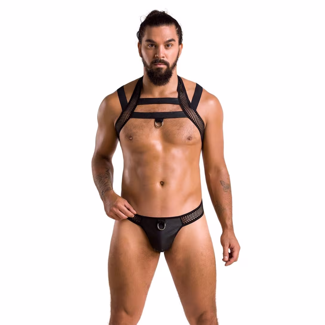 Комплект чоловічої білизни з кріпленнями Passion 043 JACOB XXL/XXXL Black, труси, шлейки — фото 3