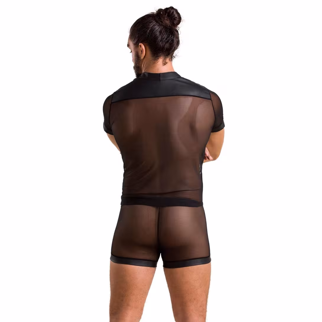 Комплект сітчастої чоловічої білизни Passion 052 SET MICHAEL L/XL black, сорочка, боксери, заклепки — фото 4