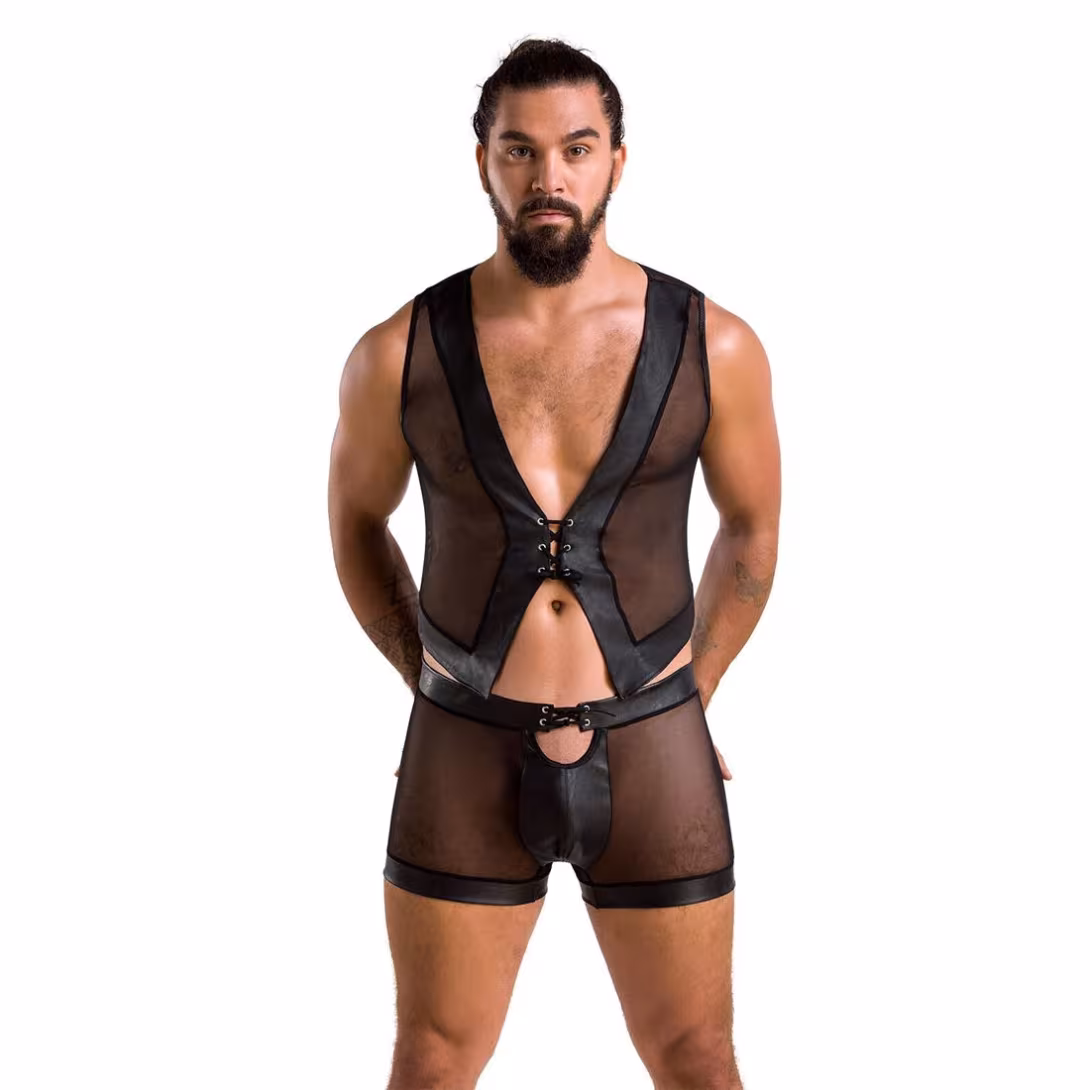 Комплект чоловічої білизни на шнурівці Passion 053 SET WILLIAM S/M Black, жилет, боксери — фото 3