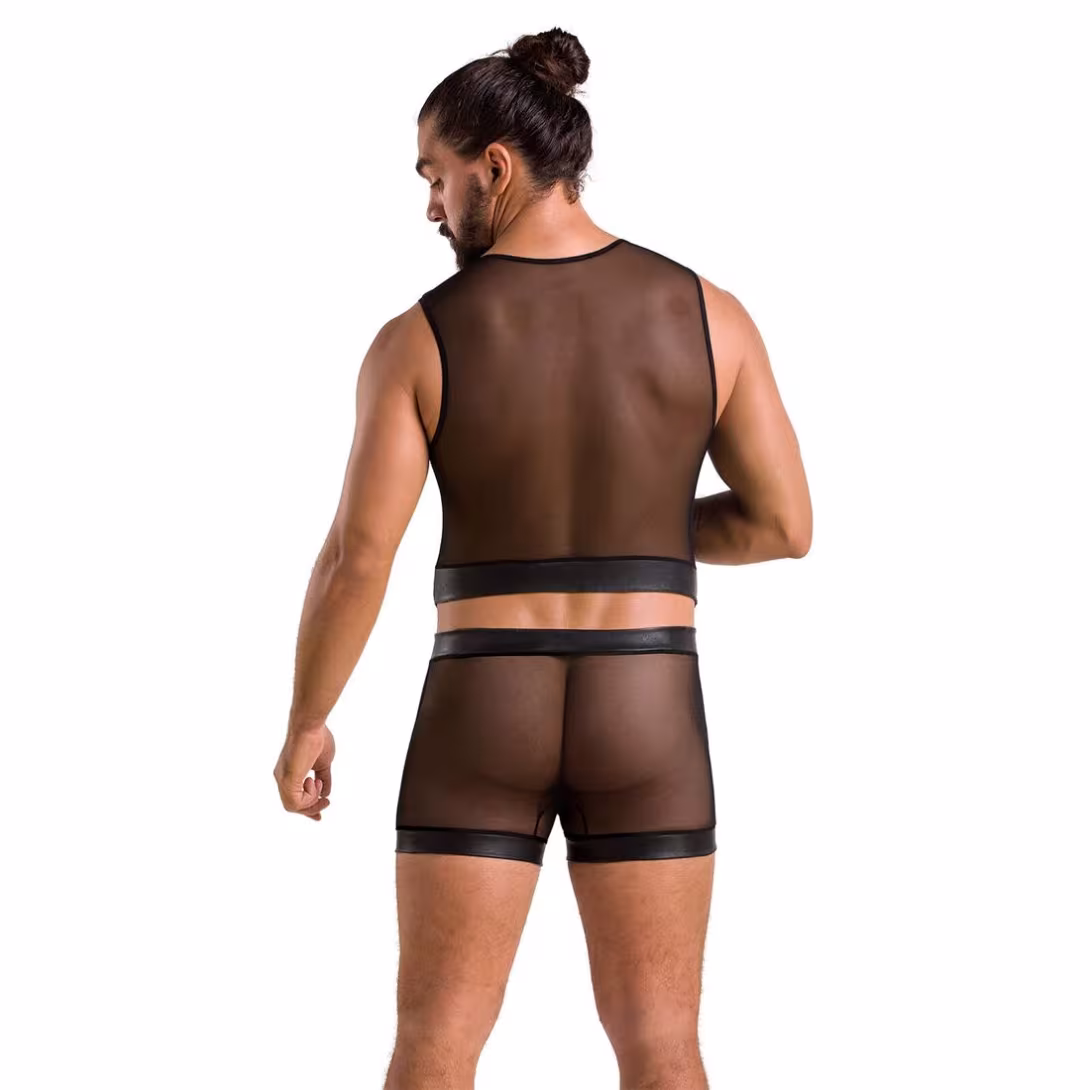 Комплект чоловічої білизни на шнурівці Passion 053 SET WILLIAM S/M Black, жилет, боксери — фото 4