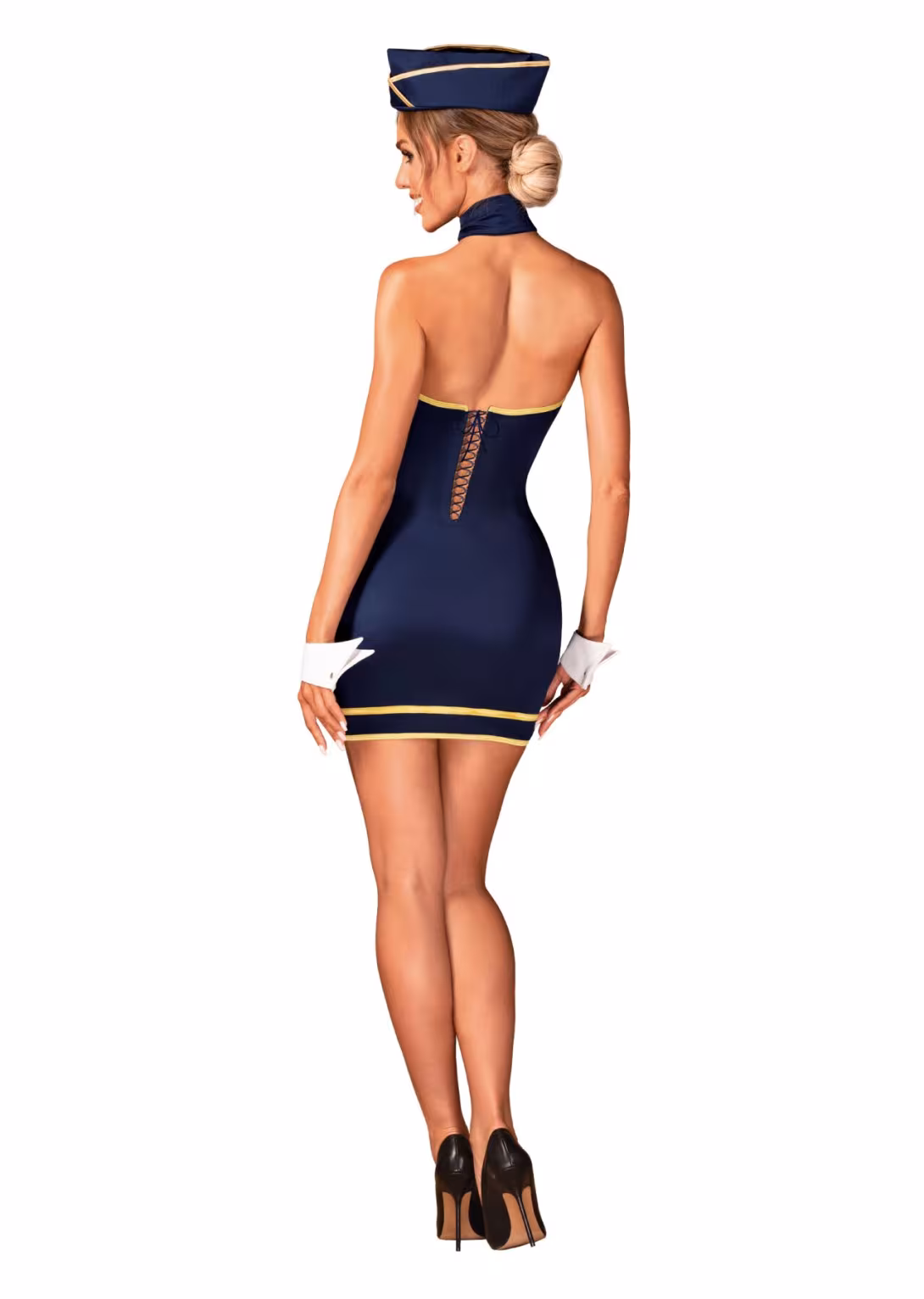 Еротичний костюм стюардеси Obsessive Stewardess uniform M/L, blue, сукня, пілотка, шарф, манжети — фото 4