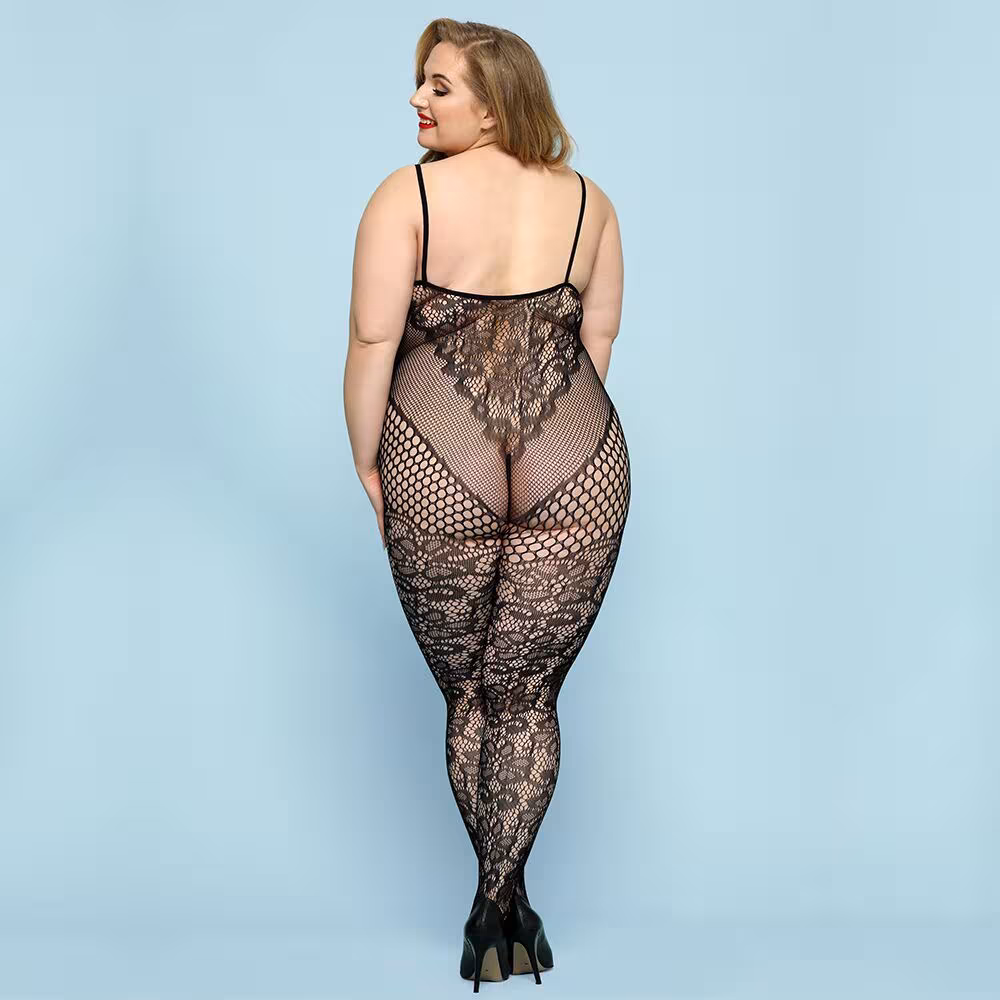 Відвертий бодістокінг JSY «Фатальна Скарлет» Plus Size, Black, імітація боді, мереживо, доступ — фото 2