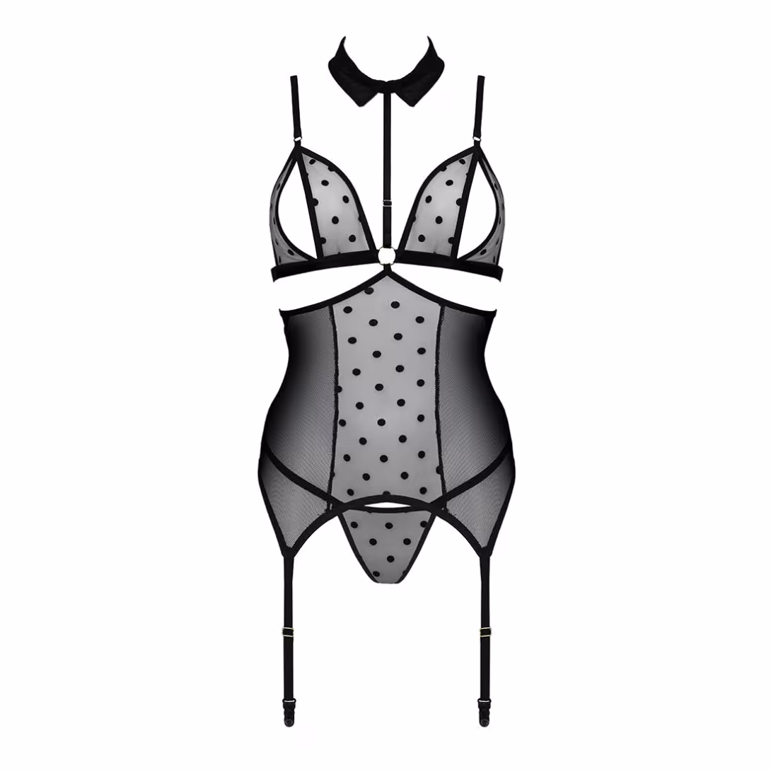 Корсет з відкритими грудьми Passion DOMINICA CORSET S/M black, пажі для панчіх, стрінги — фото 3