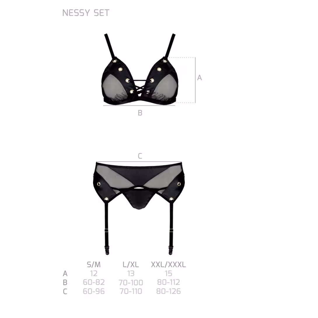 Комплект білизни Passion NESSY SET S/M black, бюстгальтер, пояс для панчіх, стрінги — фото 5