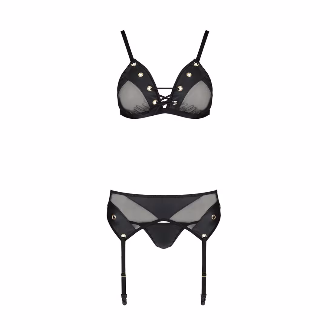 Комплект білизни Passion NESSY SET S/M black, бюстгальтер, пояс для панчіх, стрінги — фото 3