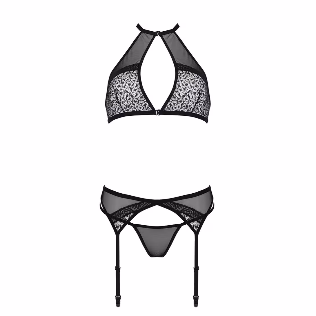 Комплект білизни Passion SATARA SET XXL/XXXL black, топ, пояс для панчіх, стрінги — фото 3