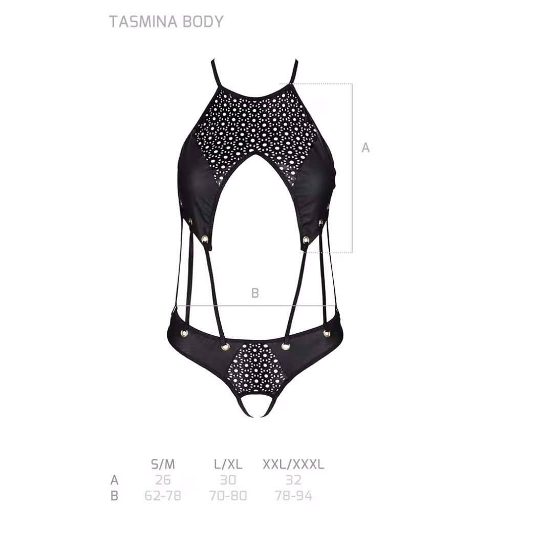 Боді з відкритим доступом Passion TASMINA BODY XXL/XXXL, black, екошкіра, шнурівки, ажурні мережива — фото 5