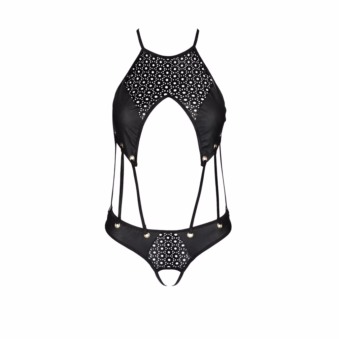 Боді з відкритим доступом Passion TASMINA BODY XXL/XXXL, black, екошкіра, шнурівки, ажурні мережива — фото 3