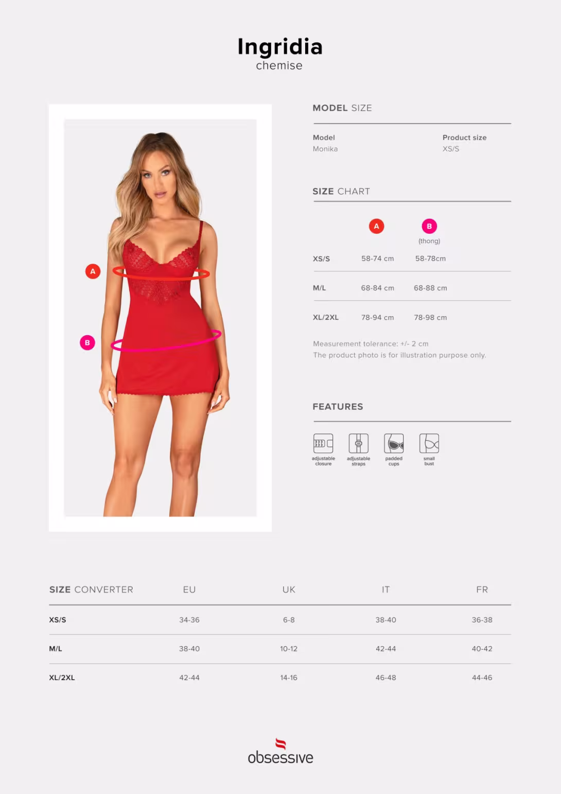 Пеньюар Obsessive Ingridia chemise & thong XL/2XL, червоний, сорочка, стрінги — фото 5