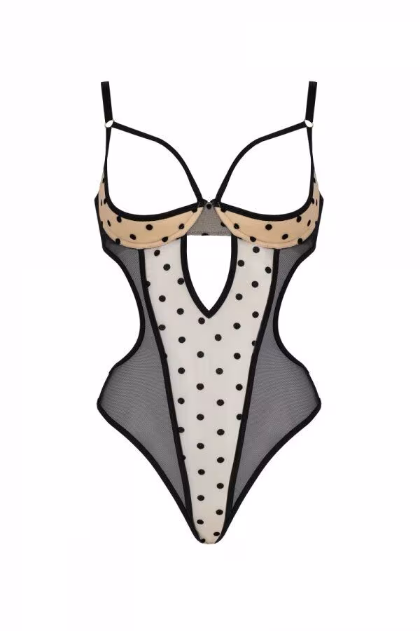 Еротичне боді Passion MARINA BODY, XXL/XXXL, beige, з відкритими чашками — фото 3