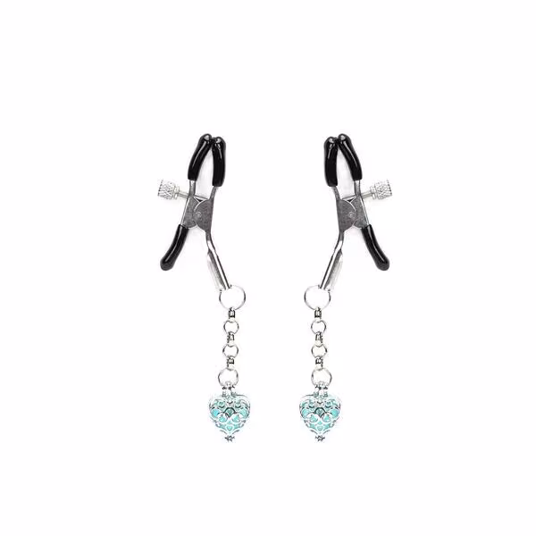 Затискачі для сосків із сердечком Liebe Seele Glow-in-dark Nipple Clamps Light Blue, світяться в темряві