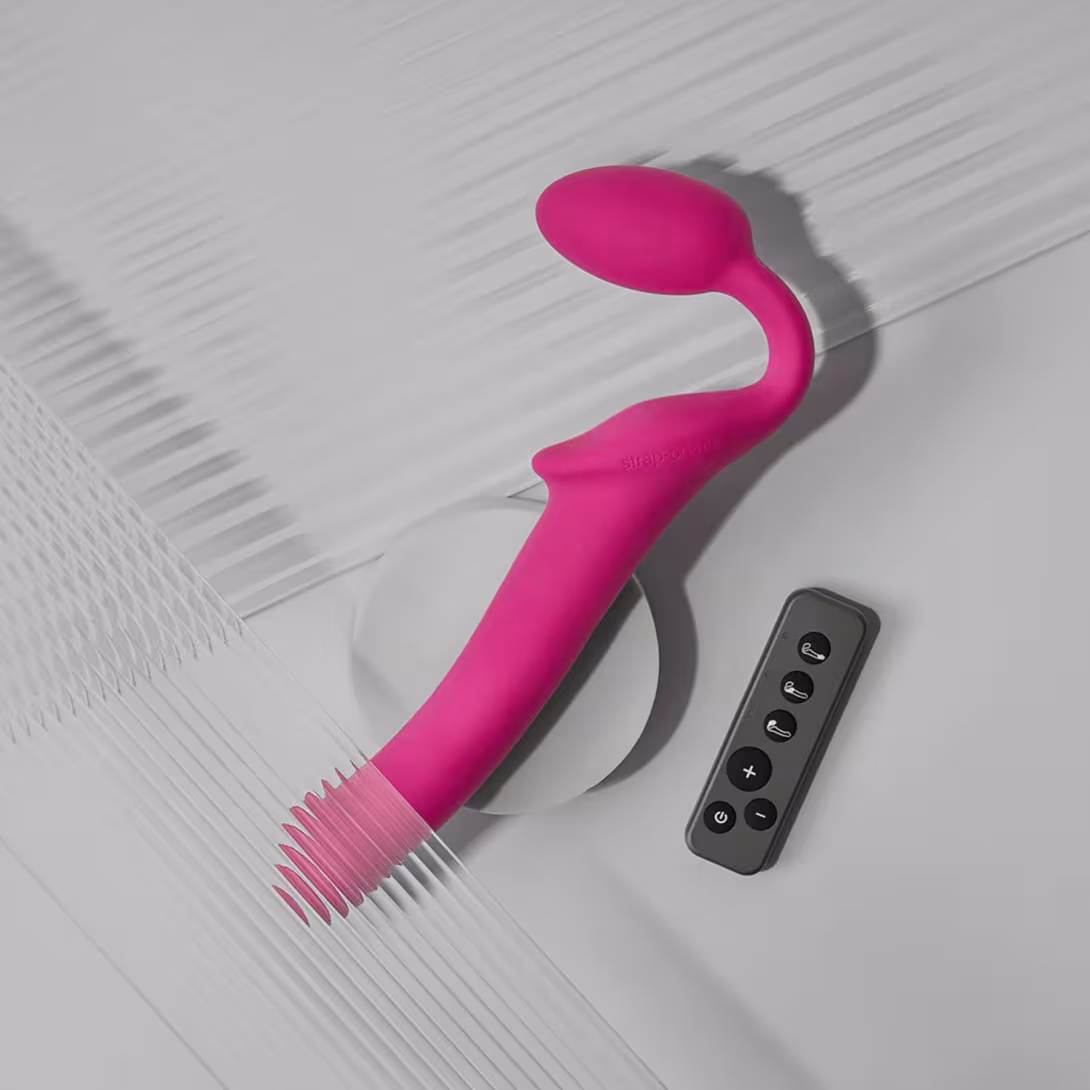 Безремінний страпон з вібрацією Strap-On-Me Vibrating Fuchsia XL, діам. 4,7см, пульт ДК, регульований — фото 2