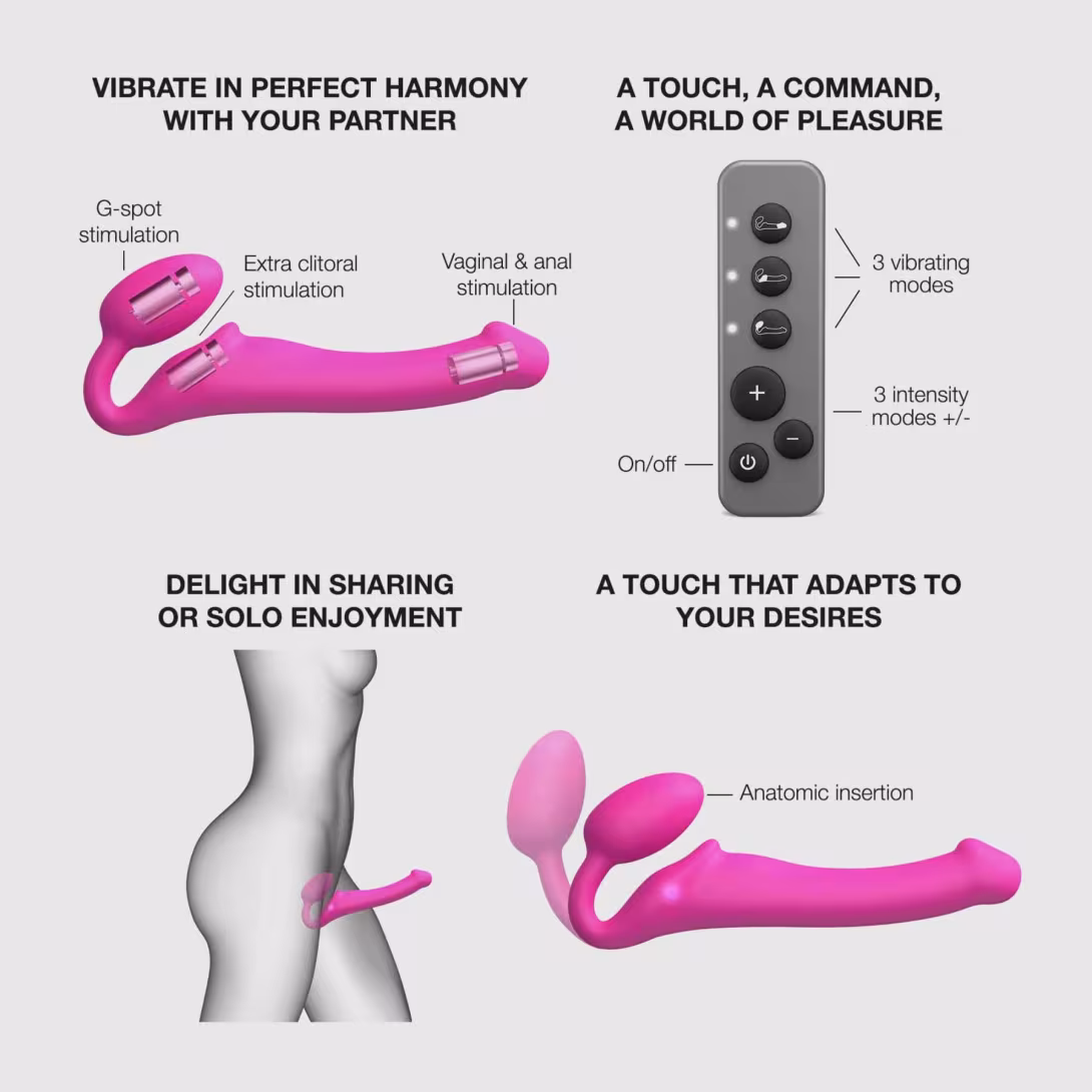 Безремінний страпон з вібрацією Strap-On-Me Vibrating Fuchsia XL, діам. 4,7см, пульт ДК, регульований — фото 3