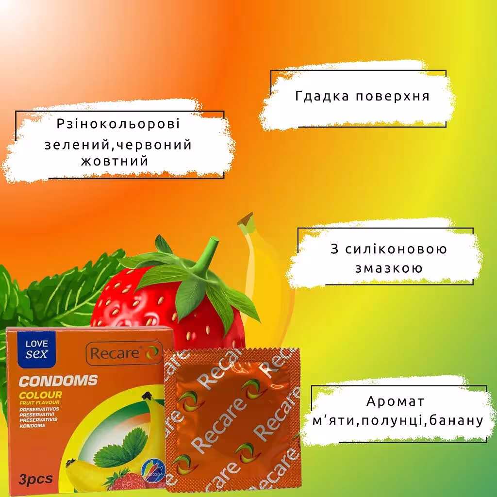 Презервативи Recare Color Fruit Flavour Condoms 3 шт, аромати: м'ята, банан, полуниця — фото 4